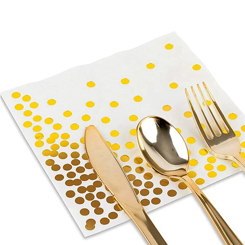 Gold Dot Cocktail Napkins(200 Pack)3-Ply Paper Napkins With Gold Foil Polka Dots Perfect For Birthday Party,Baby Shower