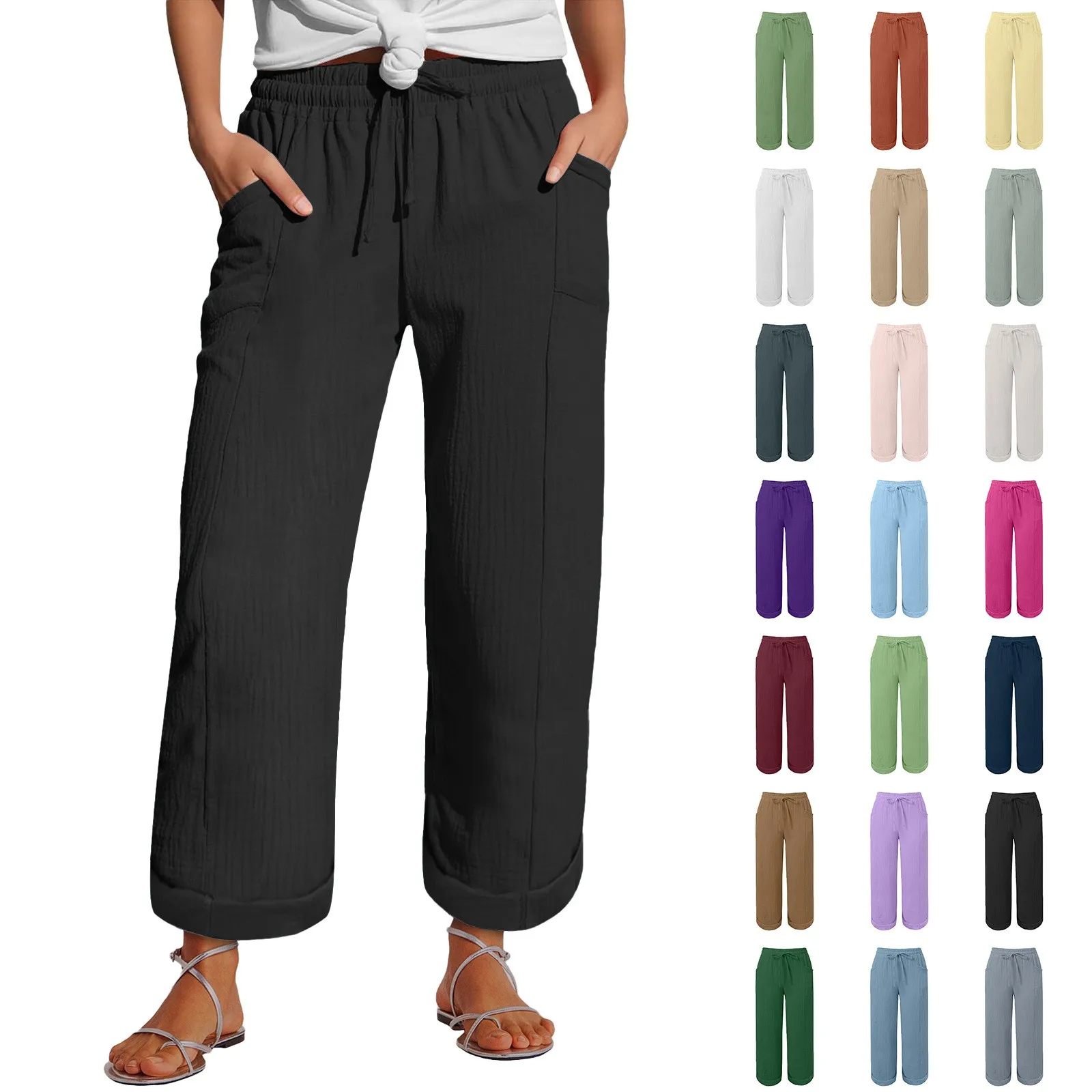 

Women's Baggy High Waist Pants Cotton Drawstring Trousers Light Blue Loose Fit Wide Leg Pants Black Rolled Cuff Casual Crinkled