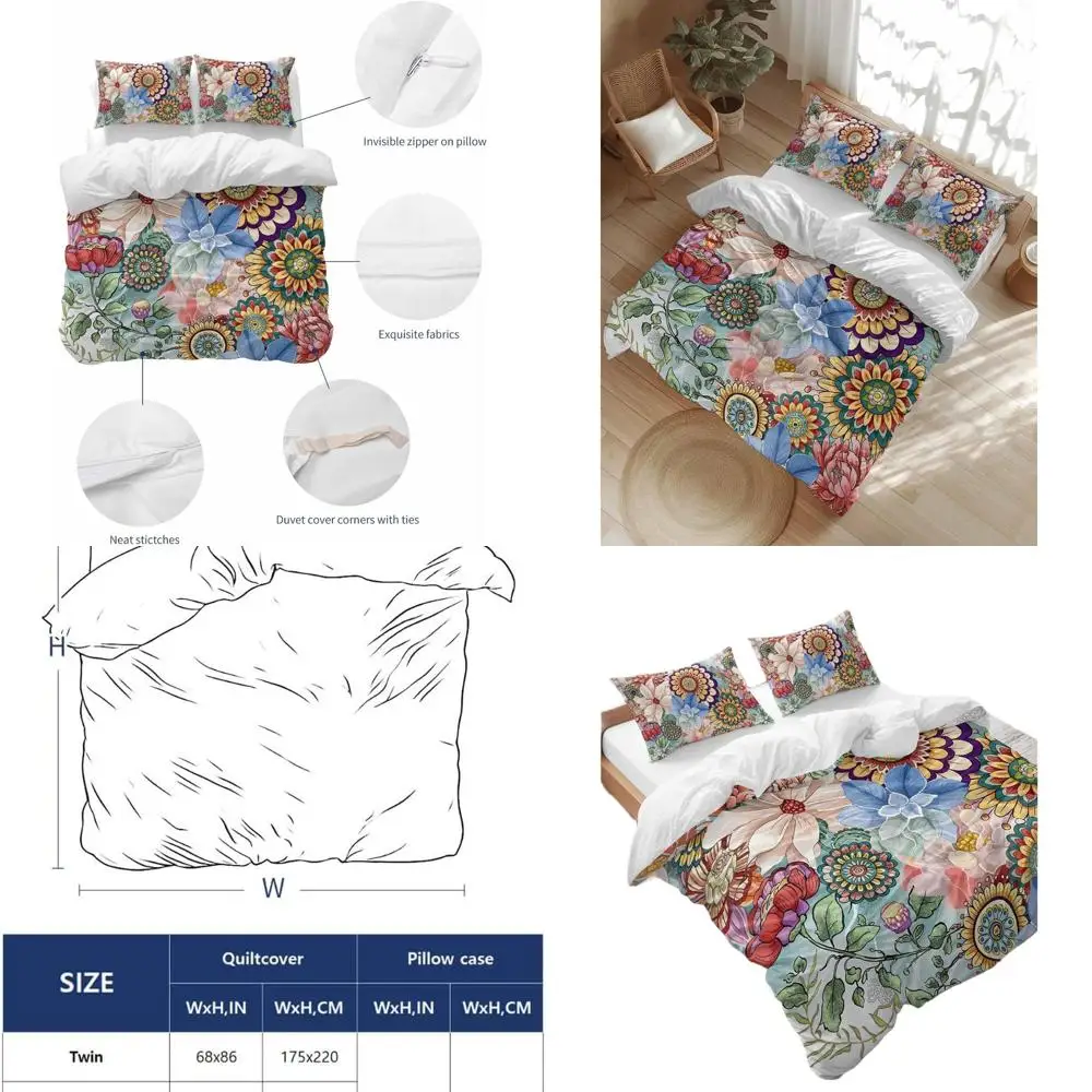 

California King Bohemian Floral Comforter Set - 3 Piece Mandala Bedding with 2 Pillowcases, Soft and Colorful Plant Decor