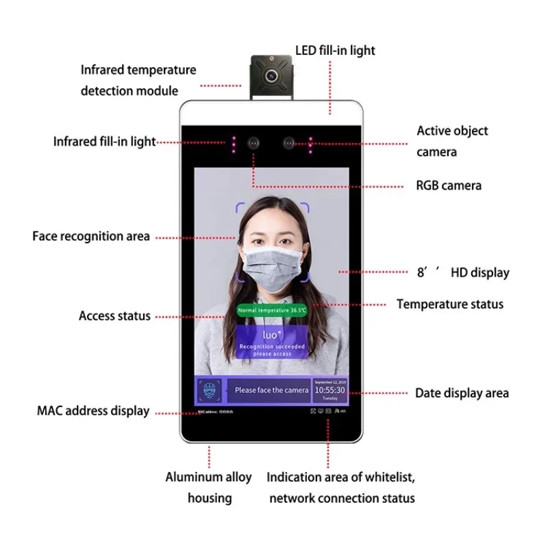 8 Inch AI Thermal Camera Face Recognition Attendance Terminal Contactless
