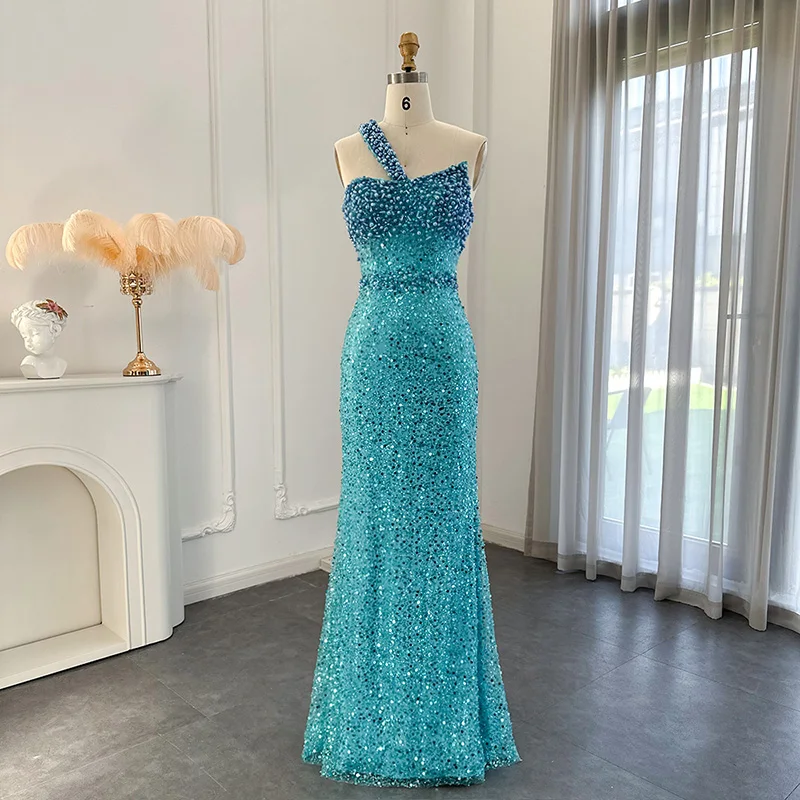 LSCZ113 Fashion Ladies Beading Sleeveless Luxury Dress Strapless Blue Sequin Evening Dress