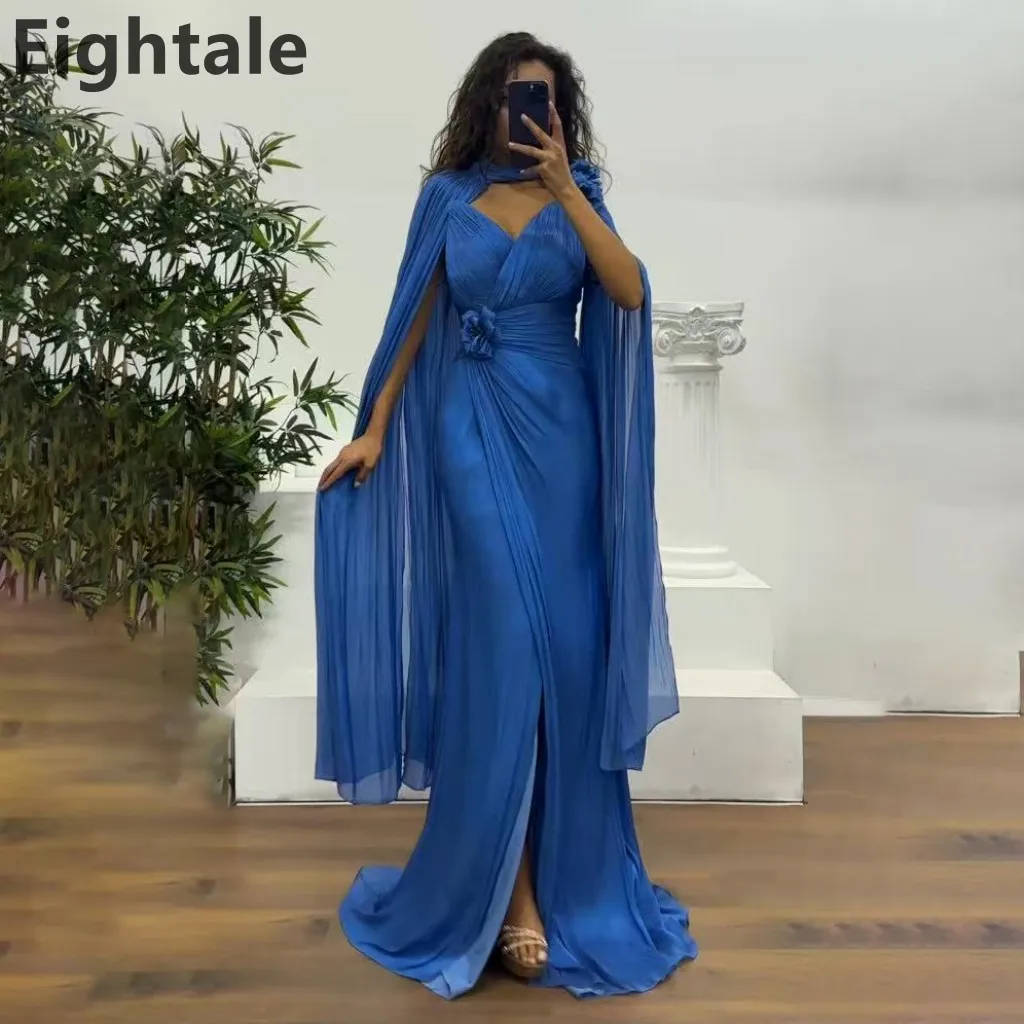 

Eightale 2025 Blue Floor Length Maxi Evening Dress With Cape Wedding Party Formal Prom Dress Dubai Party Gown Customized