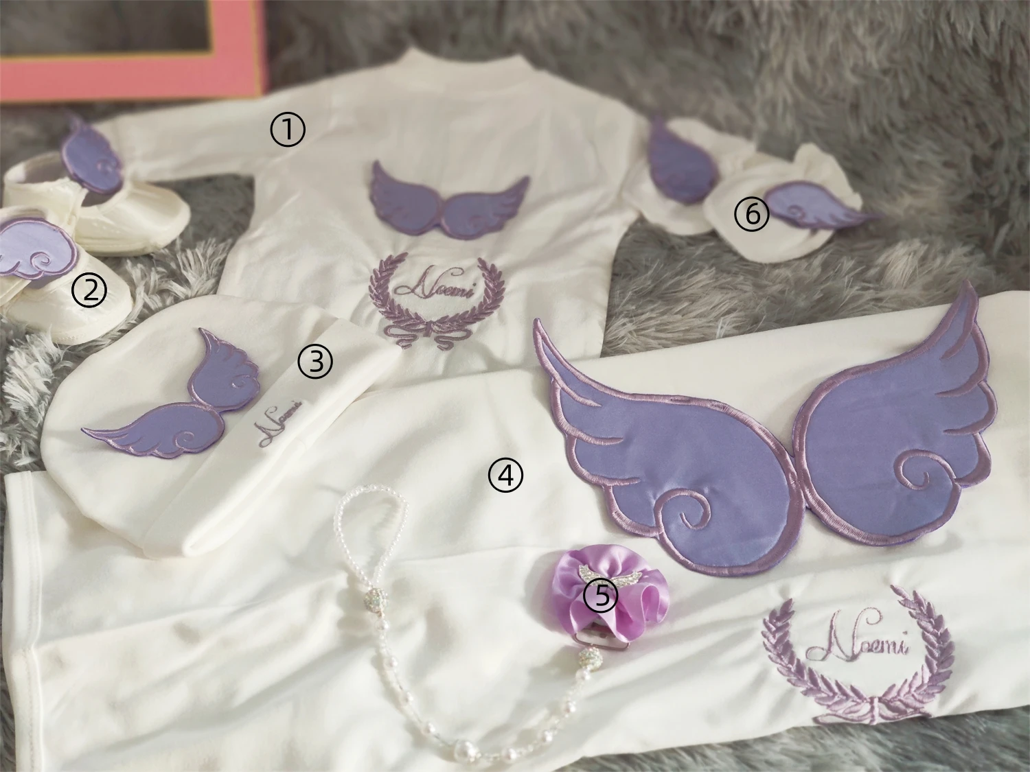 Dreamy Enchanting Magical 6Pcs Purple Angel Wing Baby Romper Set Custom Name Newborn Photography Outfit