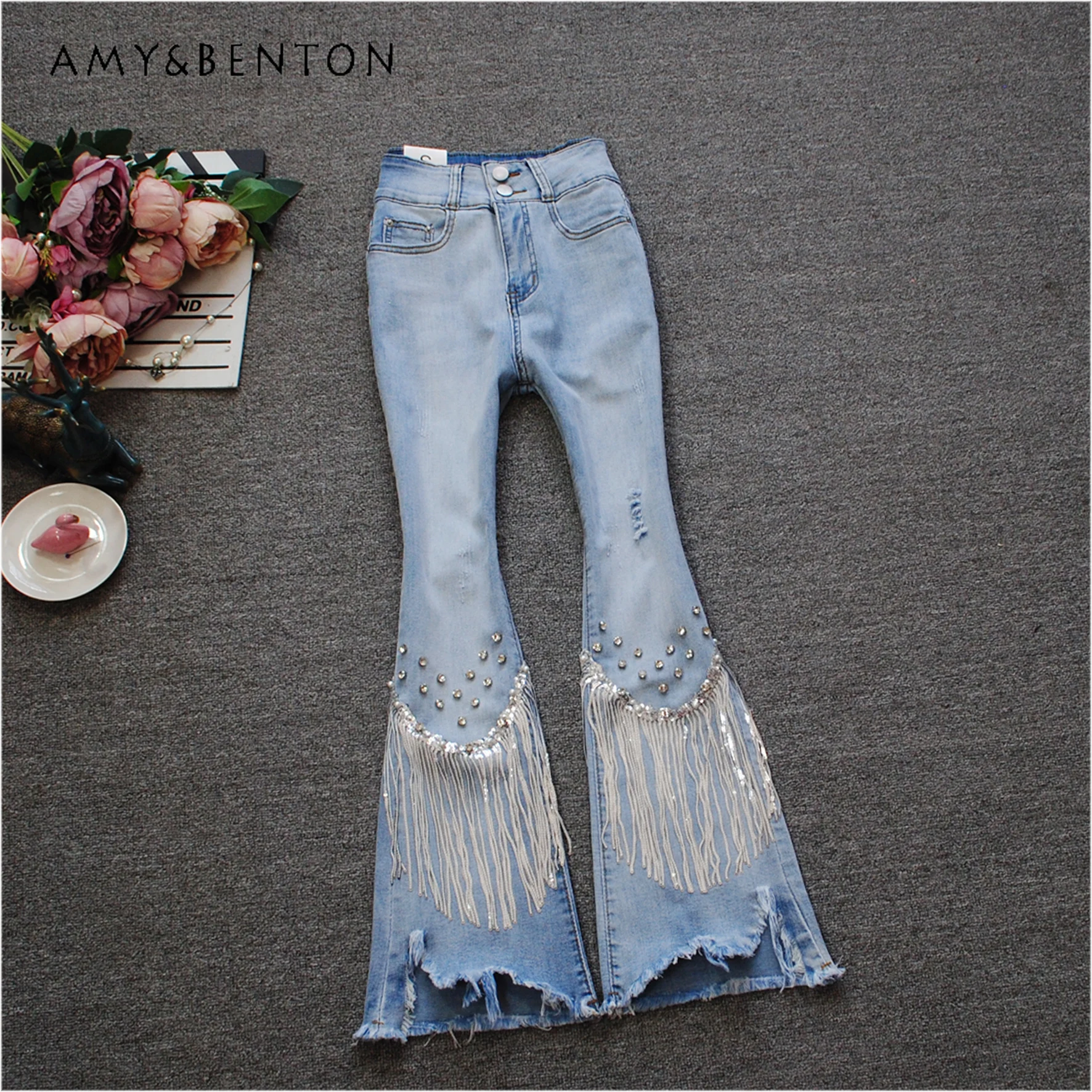 Spring Summer New High-waisted Beaded Diamond Fringed Nine-point Pants Fashion Hot Girl Slim Ripped Tassel Flared Pants Women