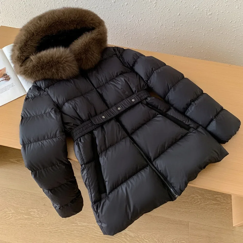 Fashion Down Jacket New Winter Warm High Quality Light Luxury Women Hooded Real Fox Fur Collar Slim Waistband Fur Puffer Coat