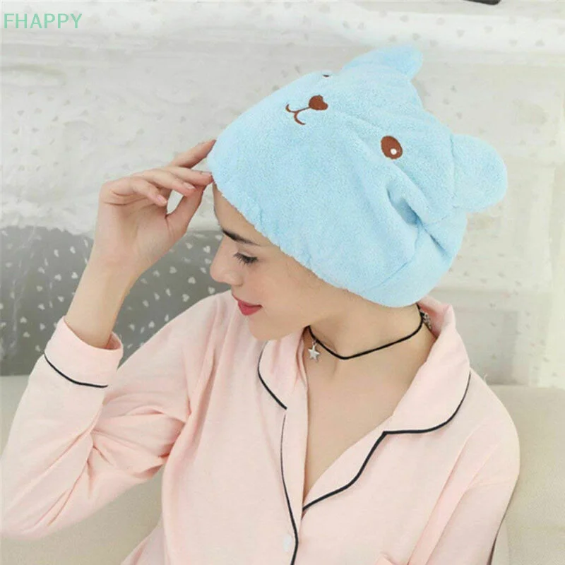 Bonnet de séchage des cheveux absorbant en forme d'ours de dessin animé pour adulte, écharpe de tête épaissie, chapeau de douche, serviette de shampoing, turban de bain, accessoires de douche, 1PC