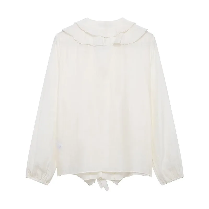 HH Damen Elegante Dünne Einfarbige Sommer-Bluse mit Rüschen, V-Ausschnitt und Puffärmeln, Lässige Damenbluse für Frühling 2026 und Abschlussfeier – Detail 4