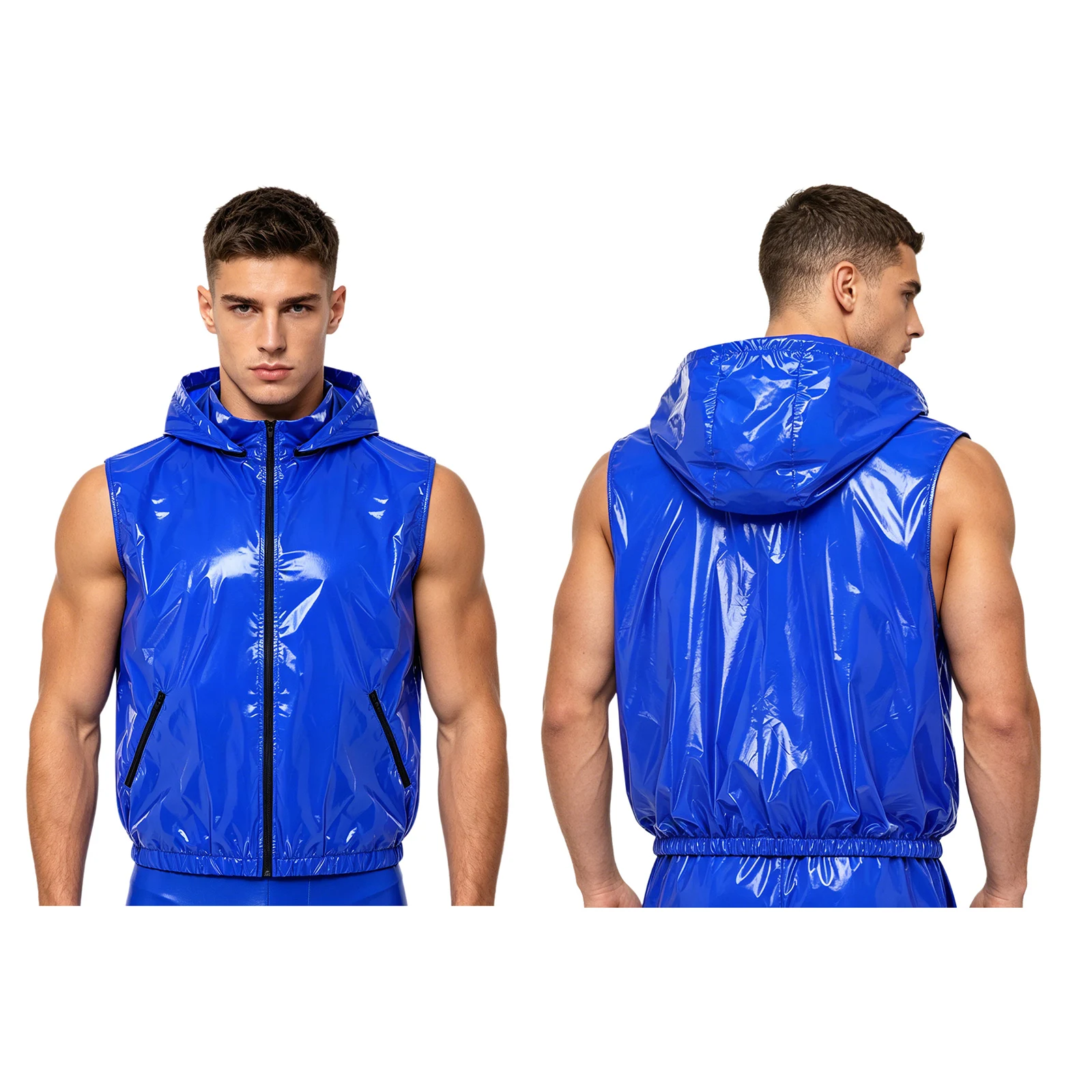 Mens Waterproof Jacket Vest with Detachable Hood Sleeveless Side Zipper Pockets Tank Top Outerwear Sports Training Waistcoat
