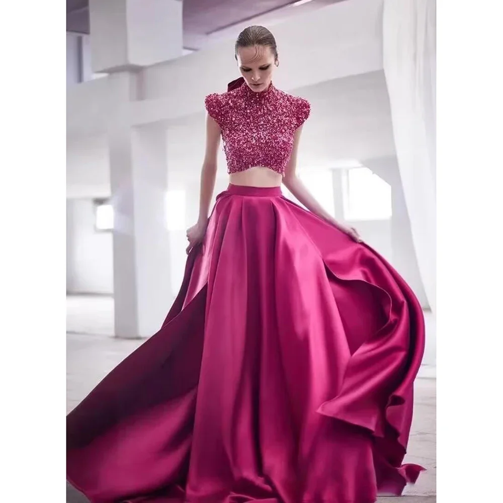 Conjunto de duas peças de vestido de noite personalizado avançado para mulheres, rosa vermelha, costas abertas, leve, luxo, banquete formal, novo, 2024