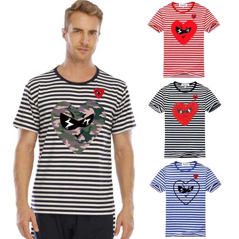 Break Egg Men Stripe T-Shirt Cool Red Glasses Heart Embroidery Colorful Heart Print Cotton Short Sleeve O-Neck Two-tone T-Shirt