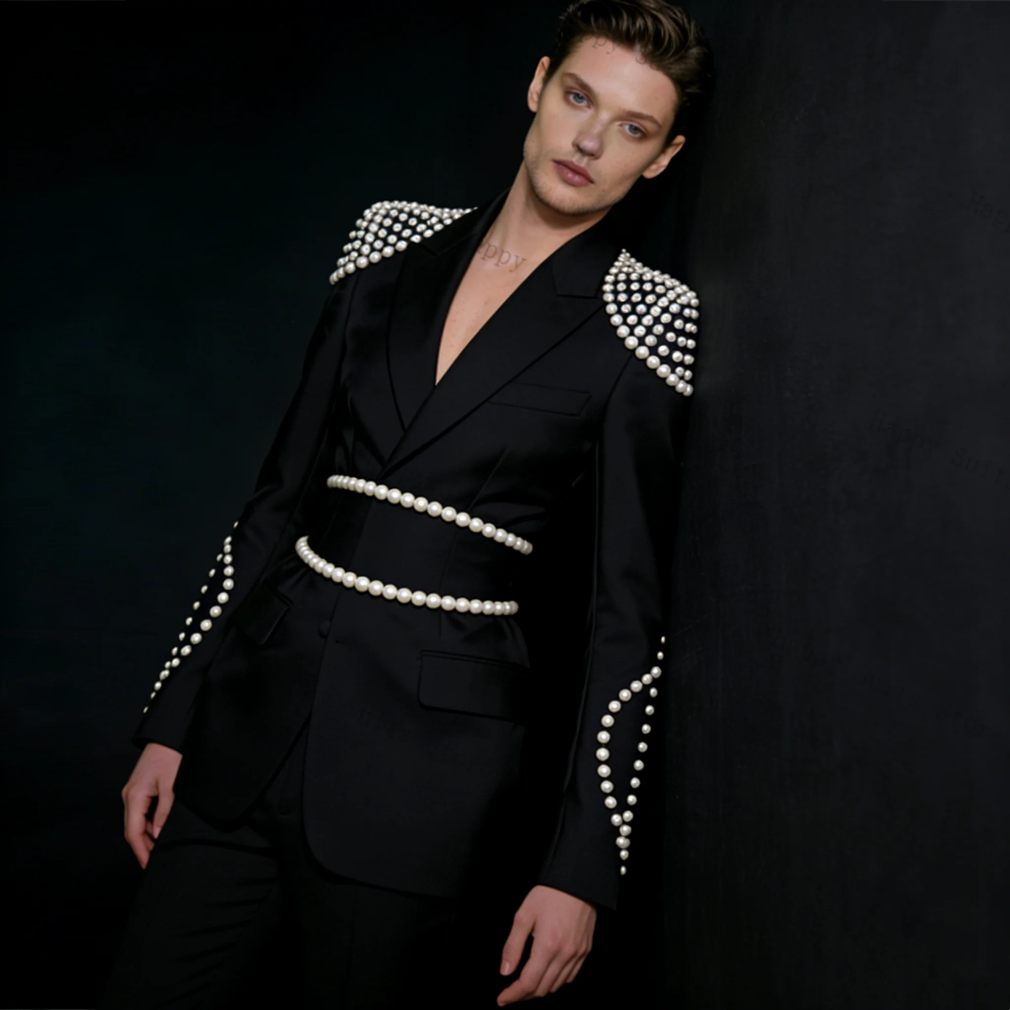 

Pearls Men Suit Set 2 Pcs Groom Black Blazer+Pants Trousers Luxury Formal Office Coat Wedding Tuxedo Customized Jacket Outfit