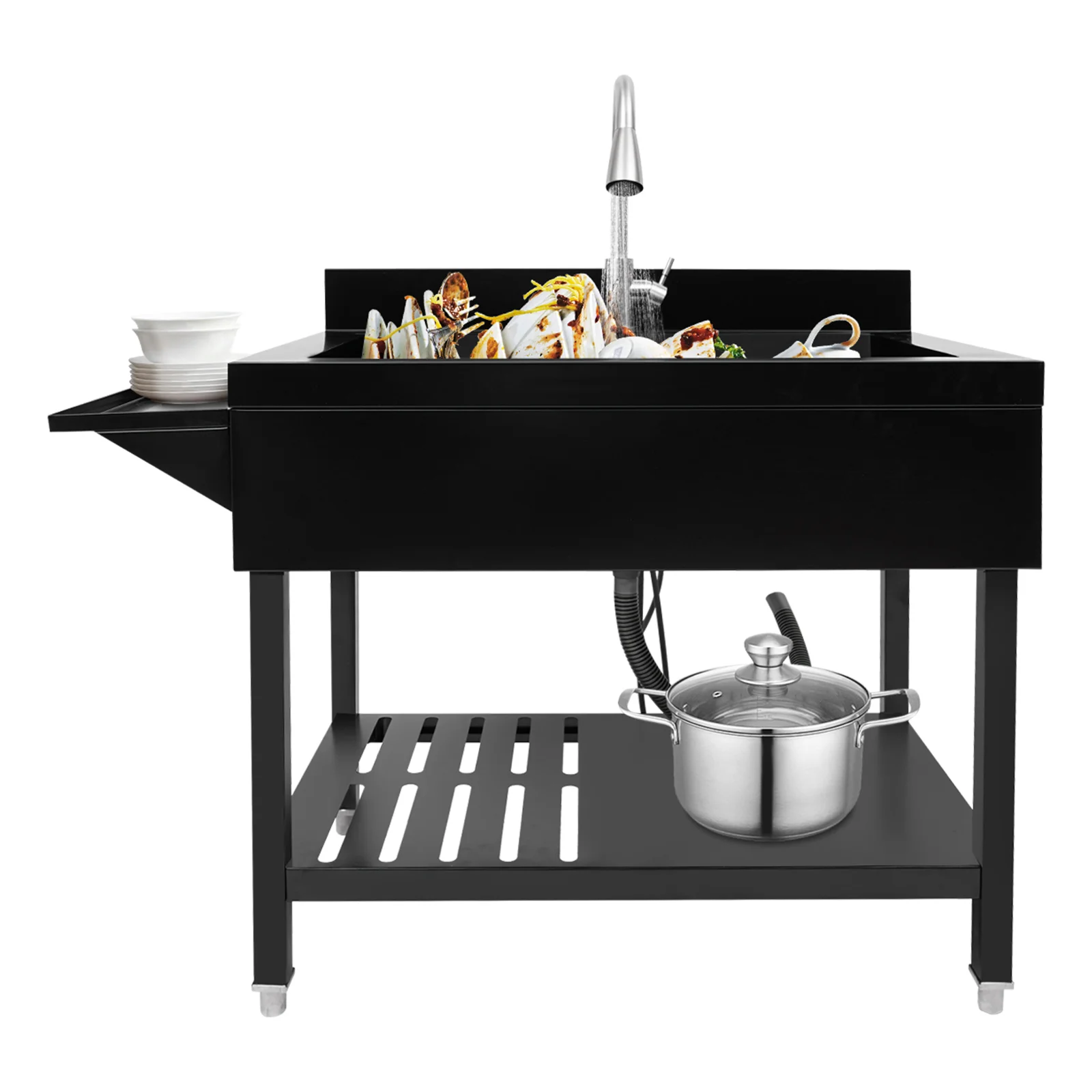 

Single Bowl Kitchen Sink with Lower Storage Shelf 2 Types Faucet Outlet Free Standing Kitchen Sink with Pull-Out Faucet