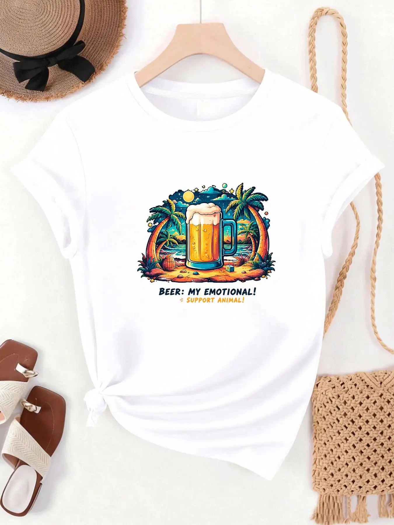 【MYJ062666】Beer Festival women's T-shirt island beer pattern summer round neck short sleeved T-shirt for women
