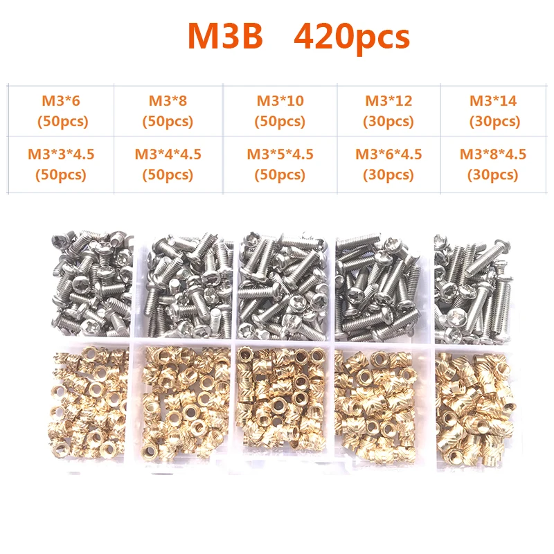 Messing-Einsatzmutter und Schrauben-Sortiment-Set, 260–500 Stück, M2, M3, M4, Hot-Melt-Einsatz, Rändelmutter, Injektions-Einbettungsmutter für 3D-Drucker