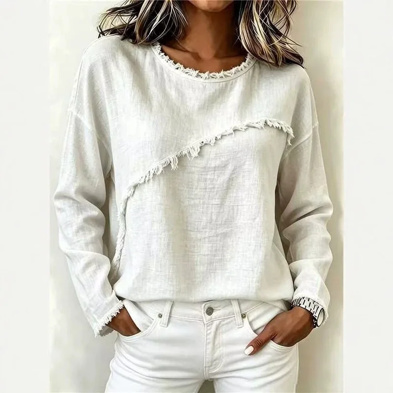 T shirt women 2026 fashion new round-neck lace patchwork long-sleeved T-shirt casual top tshirt women's clothing