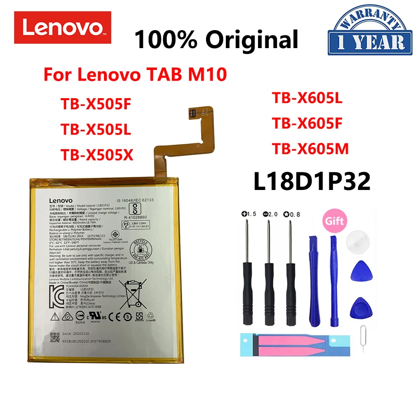 

100% Original New L18D1P32 4850mAh Battery For Lenovo Tab M10 TB-X605L TB-X605F TB-X605M TB-X505X X505L X505F Batterij Bateria