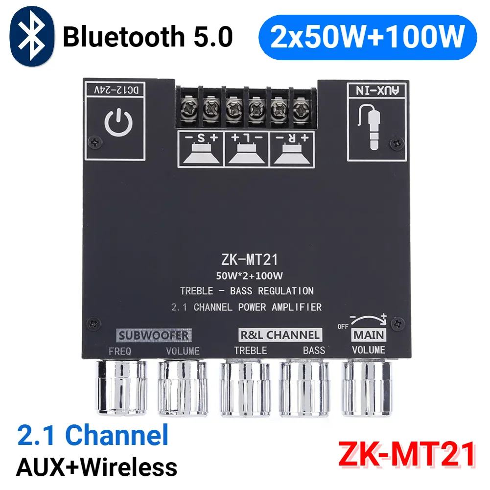 ZK-MT21 carte amplificateur de puissance numérique 2x50W + 100W 2.1 canaux caisson de basses AUX 12V 24V Audio stéréo Bluetooth 5.0 amplificateur de basse