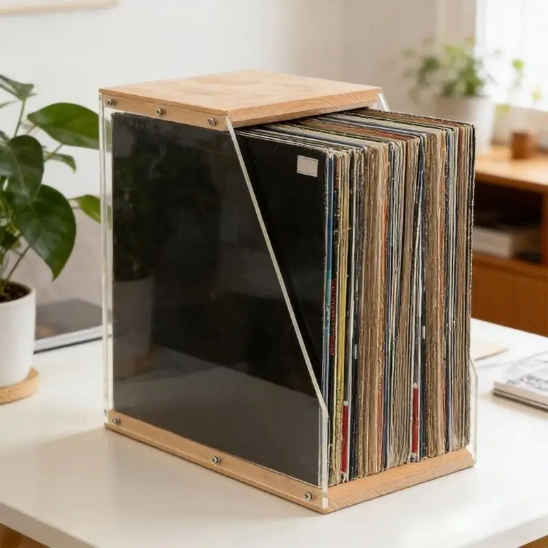 Large Capacity Vinyls Record Holder And Clear Acrylic Side Panels Albums Storage And Display Box 896C