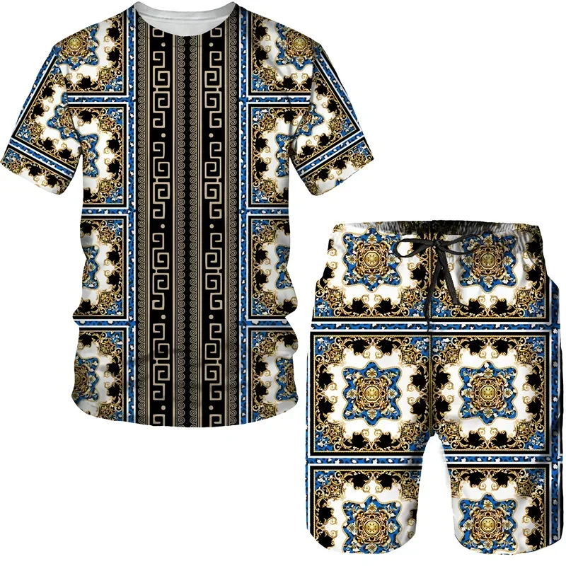 

2025 New Baroque Style Gold Flower 3D Printed Summer Men's T-shirt Shorts Street Casual Retro Sports 2-piece Set