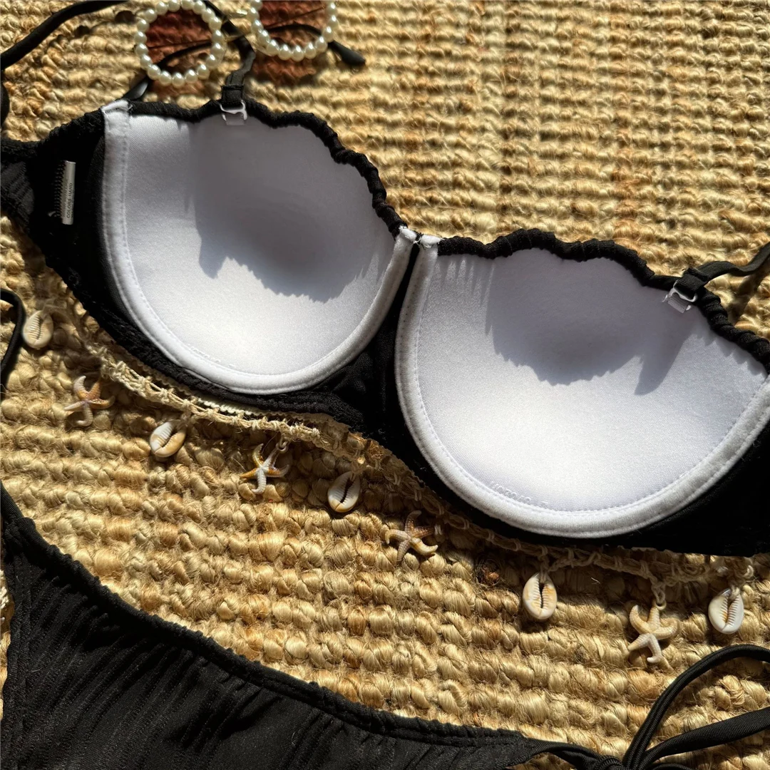Shell Bikini mit geriffeltem, gewelltem Schnitt und Bügel, Damen-Badeanzug, zweiteiliges Bikini-Set, Badebekleidung, Badeanzug, Modell V6498C. – Detail 36
