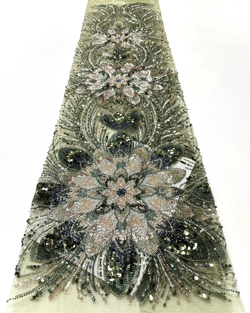 

High Quality African Net Lace with Sequins Beaded Nigerian French Tulle Fabric 5 Yards for Wedding