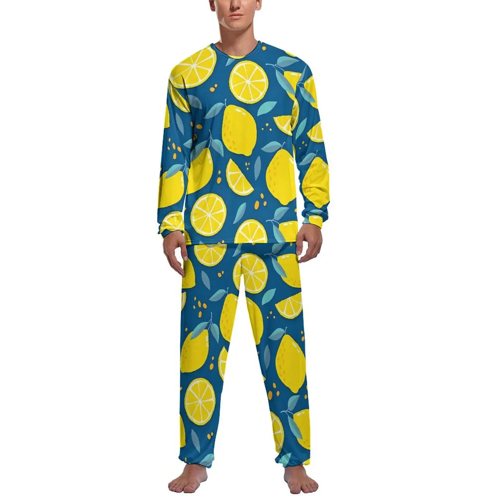 Modern Lemon Pajamas Autumn Xyellow Fruit Print Room Sleepwear Men 2 Pieces Graphic Long-Sleeve Cute Pajama Sets