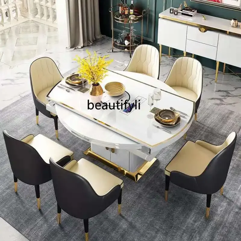 

Asmt52 Stainless Steel Light Luxury Dining Table and Chair Set Black and White Glossy Dining Table Extendable Dining Table