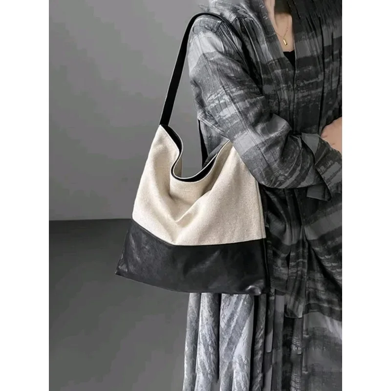 

Contrast Color Two-layer Cowhide Stitching Canvas Women's Bag Casual Lazy Style Underarm Single Shoulder Large Capacity Bag