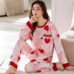 Pink Love Heart Pajama Set Women Cute Sleepwear Long Sleeves Long Pants Autumn Winter Kawaii Pyjamas Soft Pijama Cozy Nightshirt