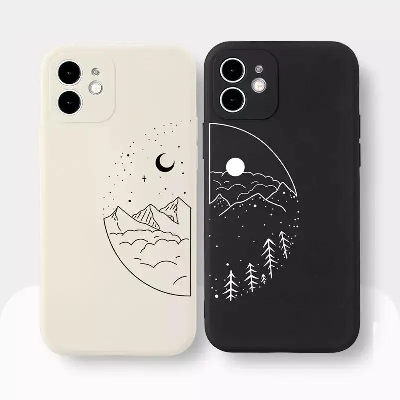 Couple Sun Moon TPU Phone Case for iPhone 16 15Pro Max 11 12 13Mini 14Pro XS XR 7 8Plus Shockproof Cover Screen Protector Casing