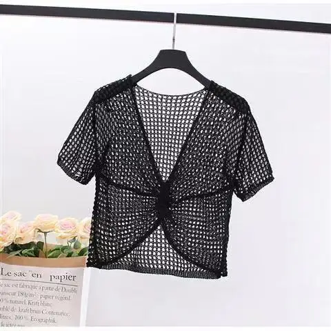 Twist Front Crochet Top Short Sleeve Cover-up Open-knit Crop Cardigan for Women Spring Summer Vacation Boho Beach Outfit