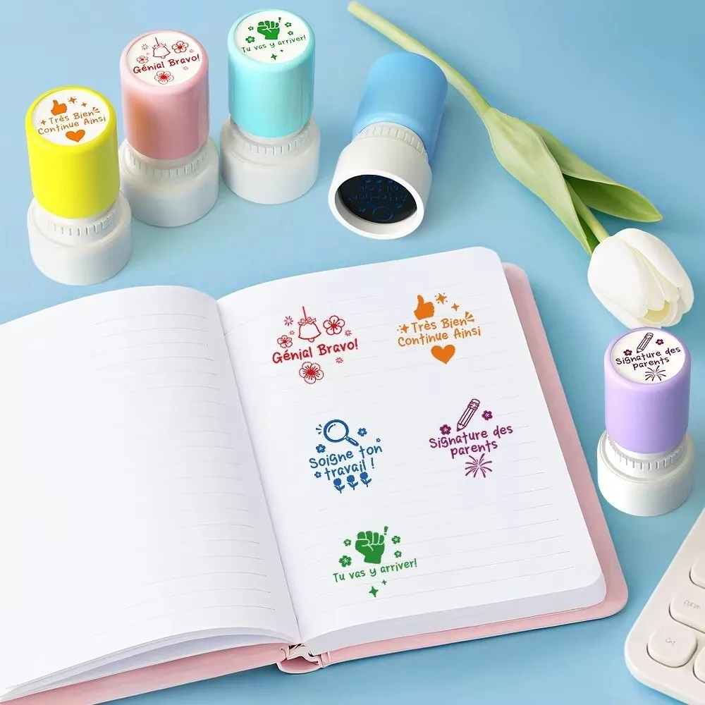 

5Pcs/Set French Teacher Seal Stamp Round Automatic inking French Seal Praise Emotional Expression Stamp Encourage Students