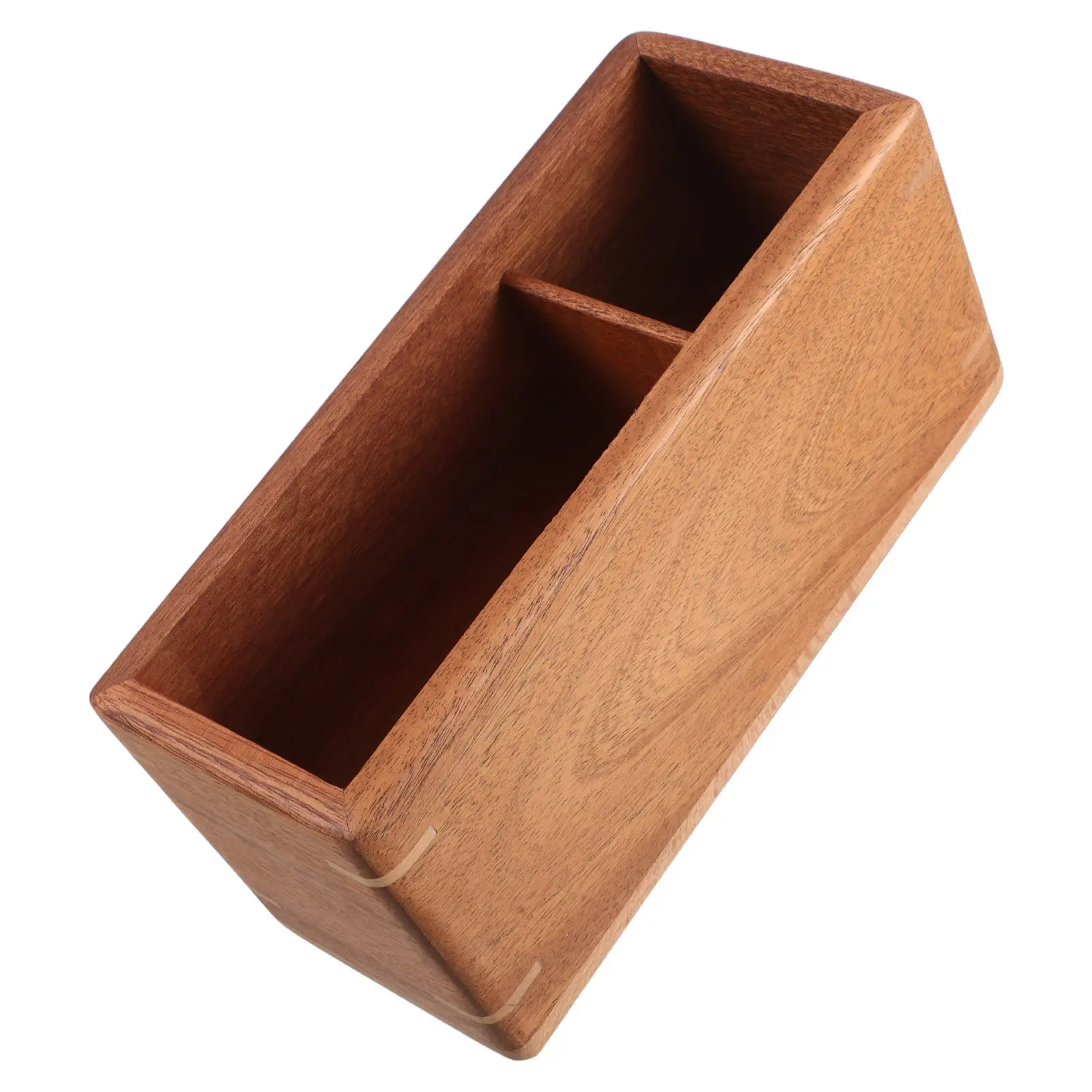 2-Slot Wooden Desk Storage Box for Remote Controllers Pens Cards Trinkets Rustic Brown Natural Wood Desktop Organizer