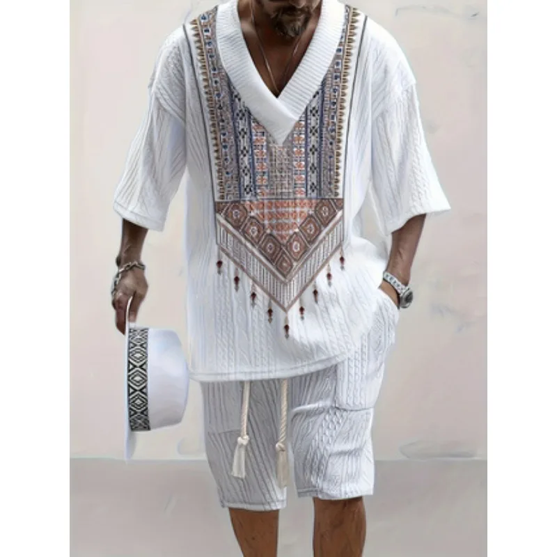 Men's White & Navy Blue Contrast Coconut Tree Print 2-Piece Beach Casual Set