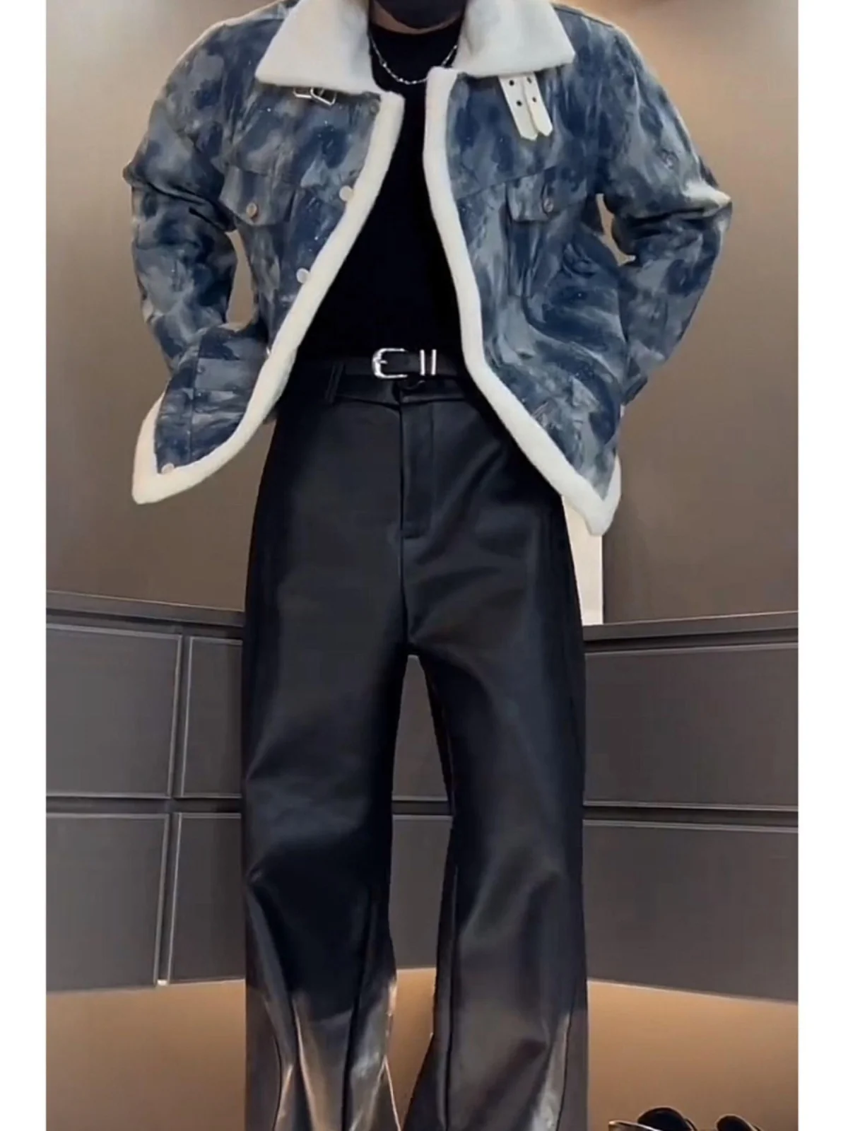 شتاء جديد Plu تصميم الياقة الكبيرة وهمية الفراء صغيرة Fraance Sle الرجال Jaet الترتر العصرية فضفاض ستار جاي