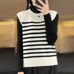 2024 women's cashmere sweater, cashmere vest, striped knitted vest, retro V-neck sleeveless women's vest, chic vest top