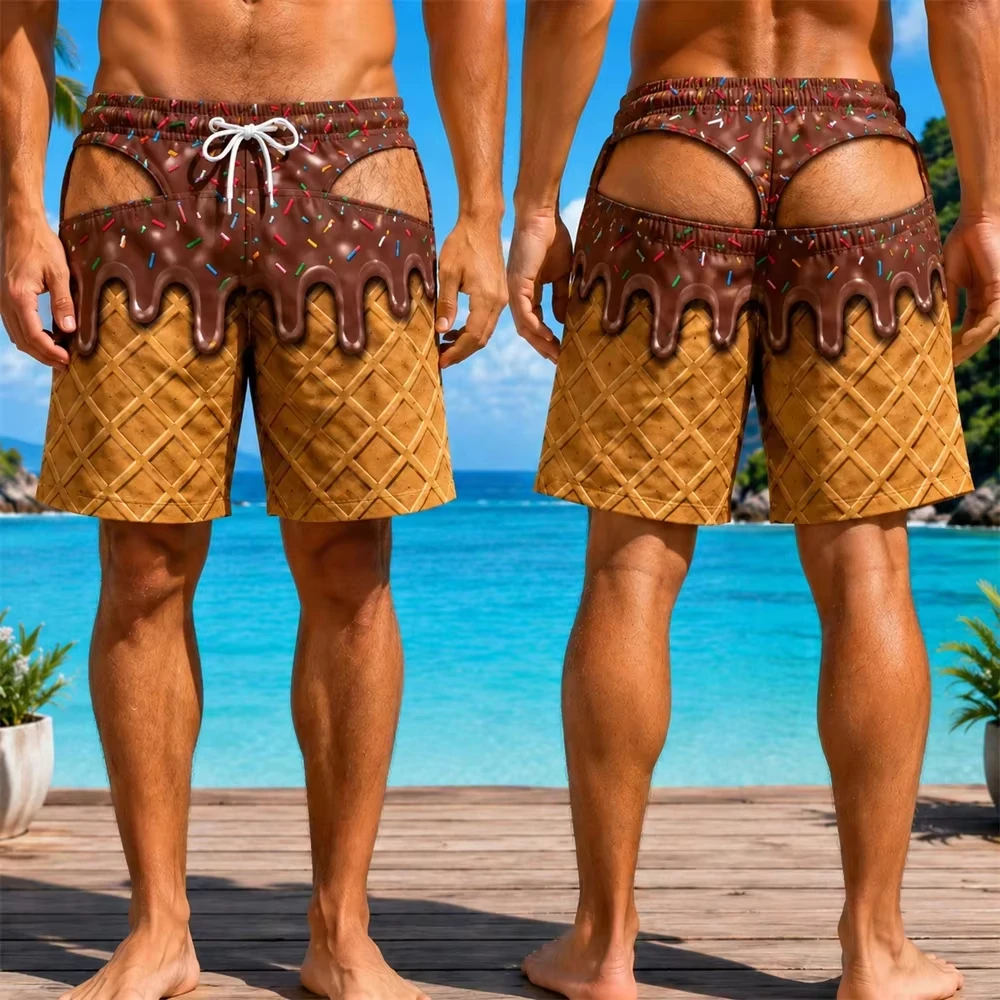3D Print Funny Waffle Ice Cream Swim Trunks Fake Skin Design Fun Beach Party Shorts Street Vacation Board Short Family Matching