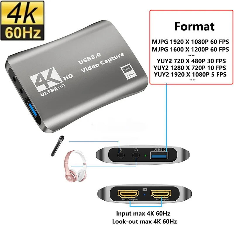 

4K 60fps HD Video Capture Card USB 3.0 Loop-out for HDMI-compatible with Audio Mic Streaming PS4 5 Nintendo Switch Game Capture