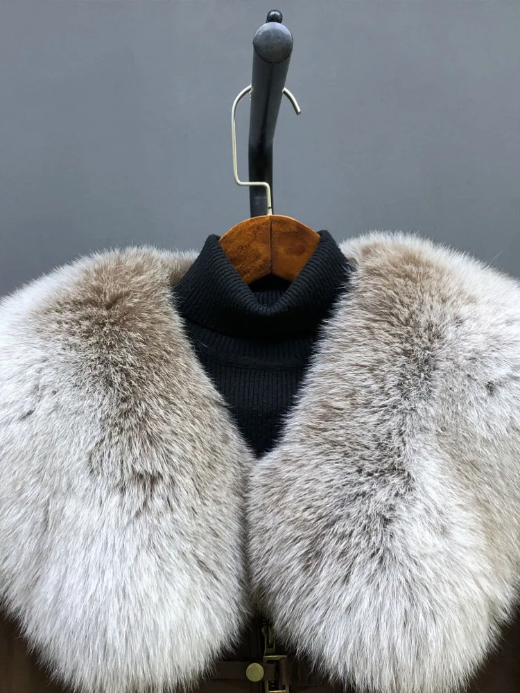 Luxury Winter Women Fox Fur Collar Goose Down Jacket Loose Fit Oil Wax Real Sheepskin Genuine Leather Jacket Thick Warm Overcoat