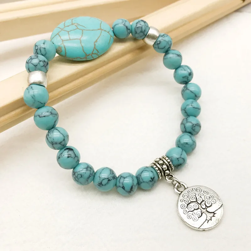 New In Women Bracelets Good Quality BLue Turqoise Stone Round Bead Charm Bracelet For Girl Bead Jewerly