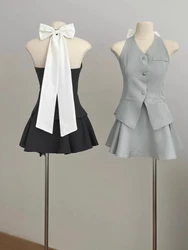 2024 French Sweet Commuter Suit Women Summer Sexy Bow Backless Blazer Vest+High Waist A-Line Skirt Elegant Slim-Fit 2-Piece Set