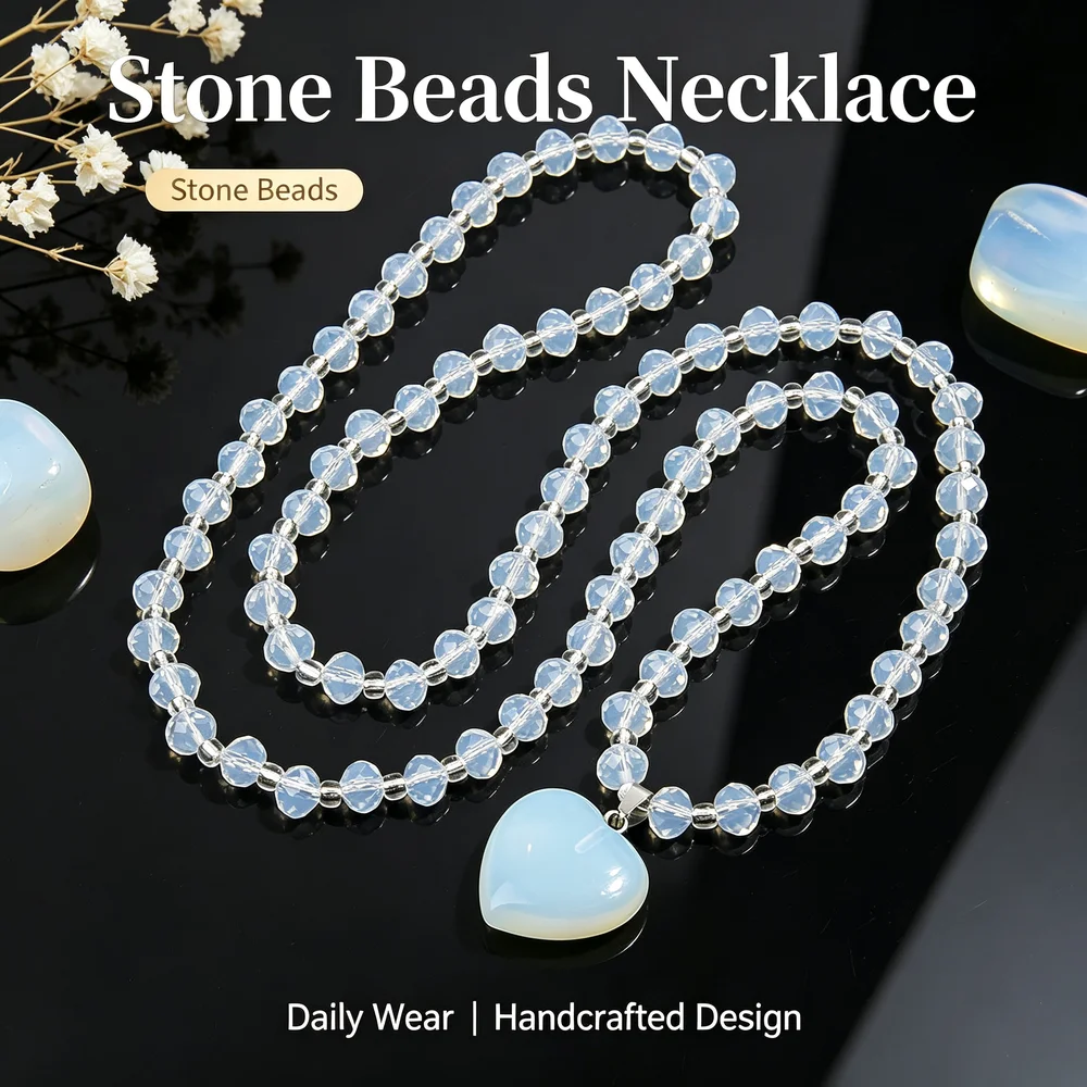 Handmade Opalite Pendant Glass Beaded Wrap Necklace Heart Shape Pendant Women Bohemian Jewelry
