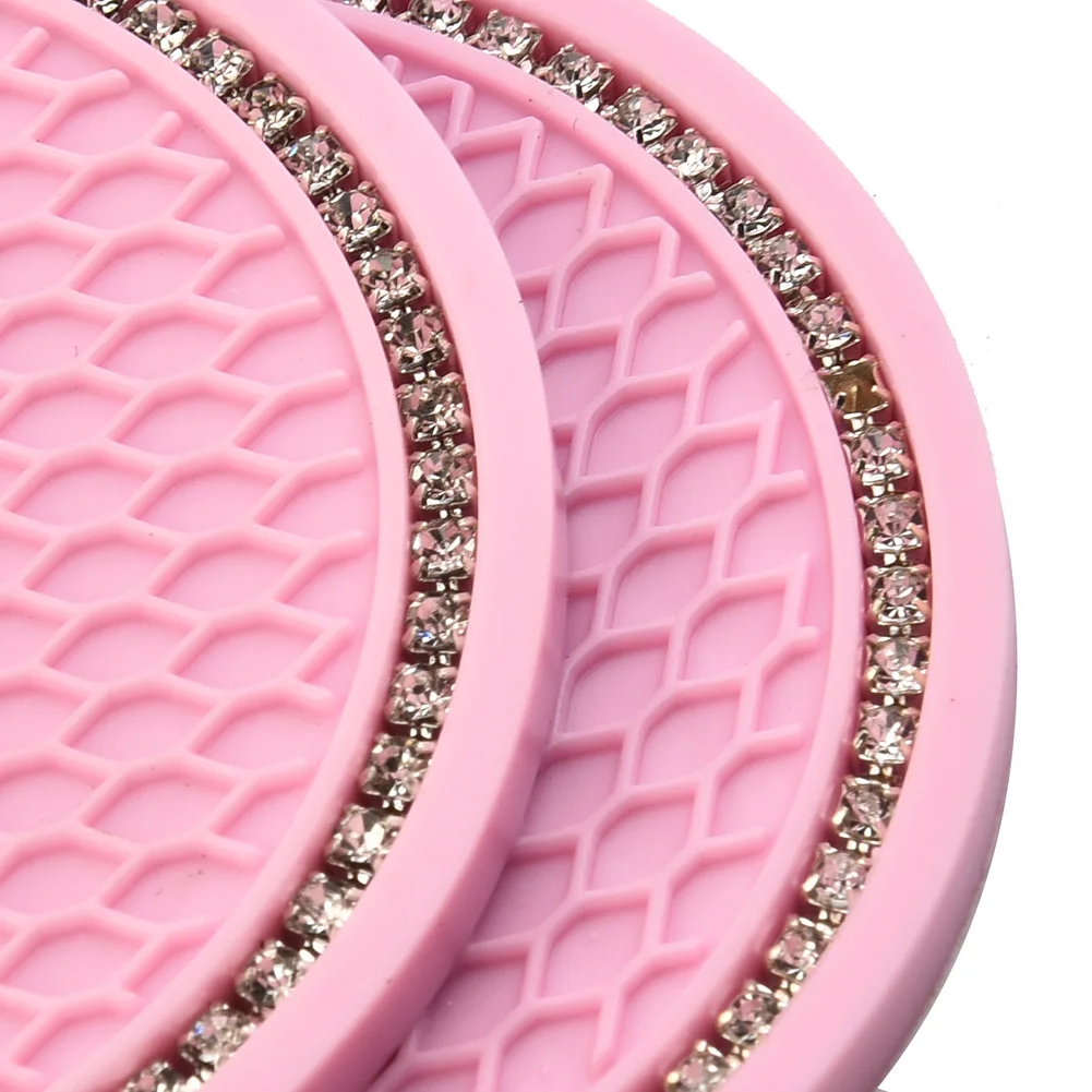 for durable High Quality New Practical Useful Vehicle Cup Holder Mat Interior Pad Pink Rhinestones 2pcs Set 7cm Dia