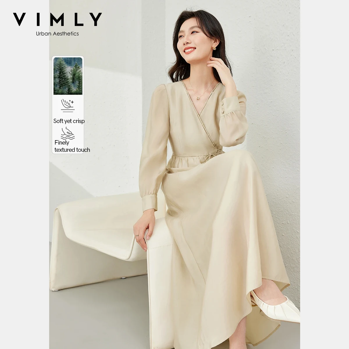 Vimly Damenkleid im französischen Stil, 2025, Herbst, V-Ausschnitt, Schnürdesign, schlankmachende Passform, Puffärmel, lässiges Pendler-Midikleid M5808