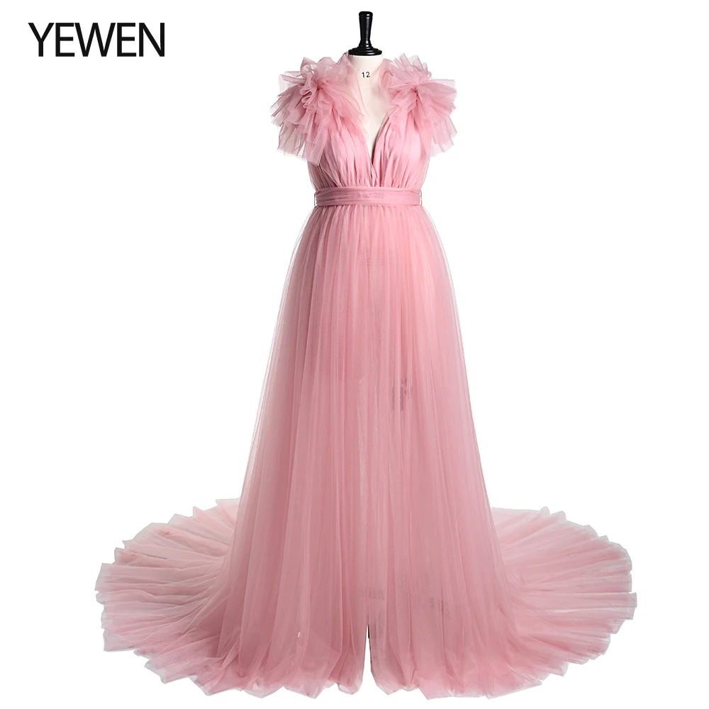 Double V Neck Evening Dress Long Maternity Dress for Photo Shoot Shoulder Ruffles Photography Maxi Gown YEWEN YD217051