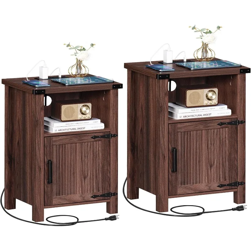 

Night Stand Set of 2, 18 Inch Farmhouse Nightstand with with Charging Station and USB Port, Rustic Wood Bedside Table with Magne