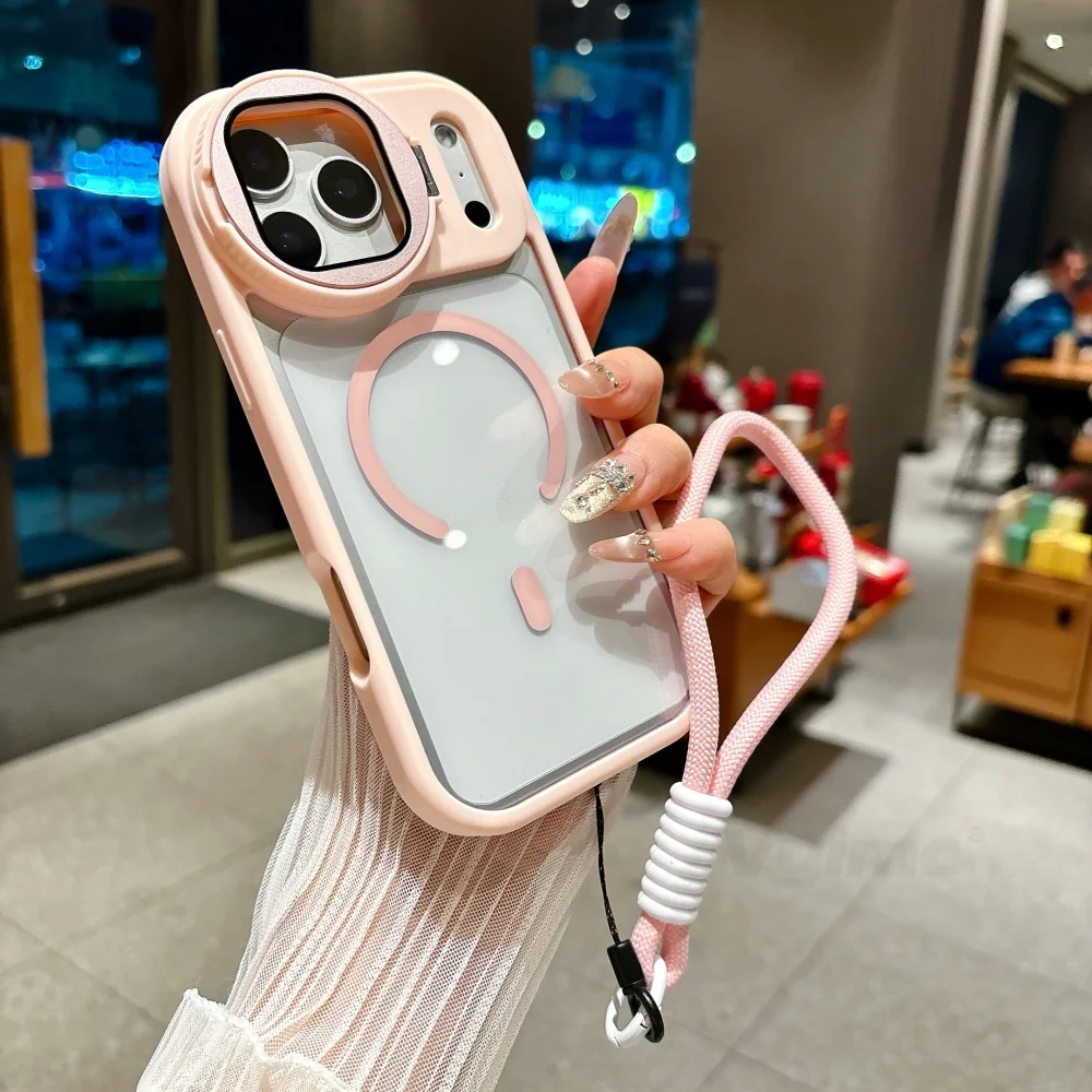 Falten Sie Glaslinsenständer, magnetisch, transparent, für iPhone 17, 16, 15, 14, 13, 12, 11 Pro Max, für Magsafe-Handgelenkschlaufe, stoßfeste Abdeckung