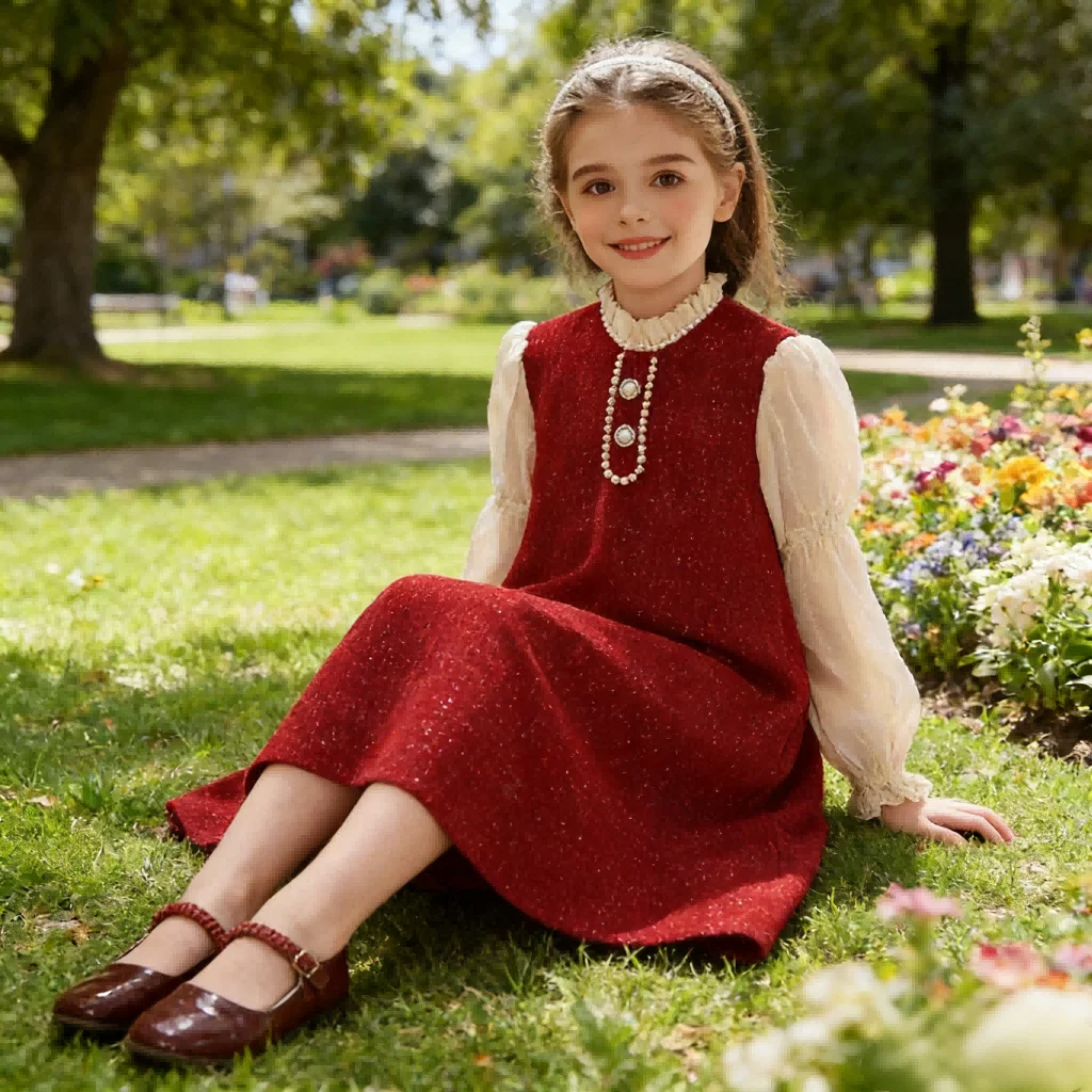 New Red Girls Party Dress Christmas Season Long Sleeve Formal Daily Wear Kids Dresses Princess Gown Simple Sweet Style Birthday