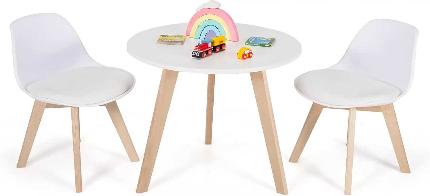 Kids Table and Chair Set, 3 Pcs Wood Activity Play Table w/Padded Seat & Wood Legs for Arts, Crafts, Reading, Preschool,