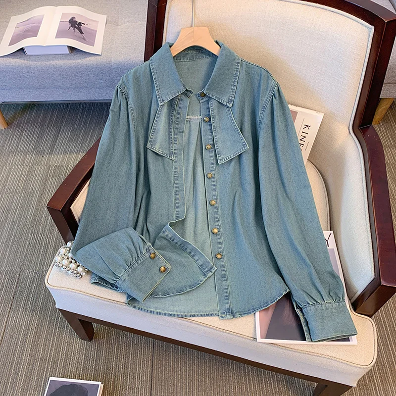

Синие джинсовые женские рубашки, весенне-осенние однотонные блузки с отложным воротником и длинными рукавами, шикарный дизайн, универсальные топы для поездок на работу